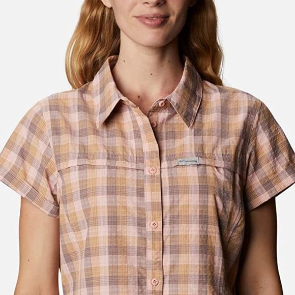 🆕Columbia Women's Silver Ridge™ Novelty SS Shirt, Peach Quartz Gingham, NWT - Picture 2 of 6